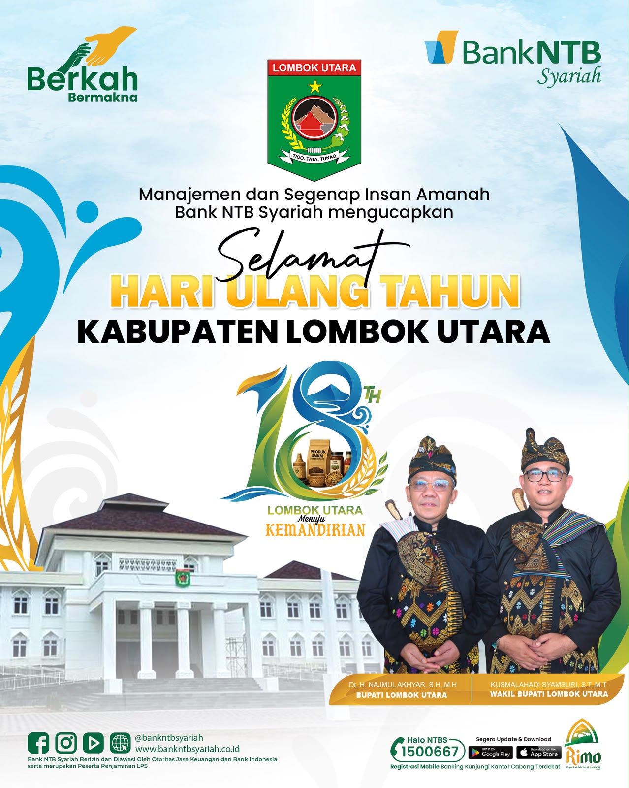 Bank NTB Syariah Mengucapkan Selamat Hari Ulang Tahun Kabupaten Lombok Utara ke-18